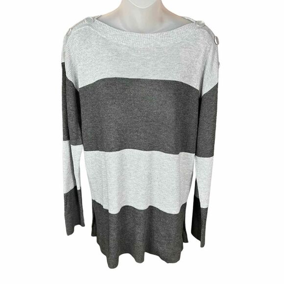 Vince Camuto Tunic Boat Neck Sweater Grey Stripe Color Block Side Slits Small - Picture 1 of 9